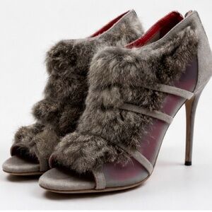 Mink Fur Peep-Toe Stiletto Booties - Gray